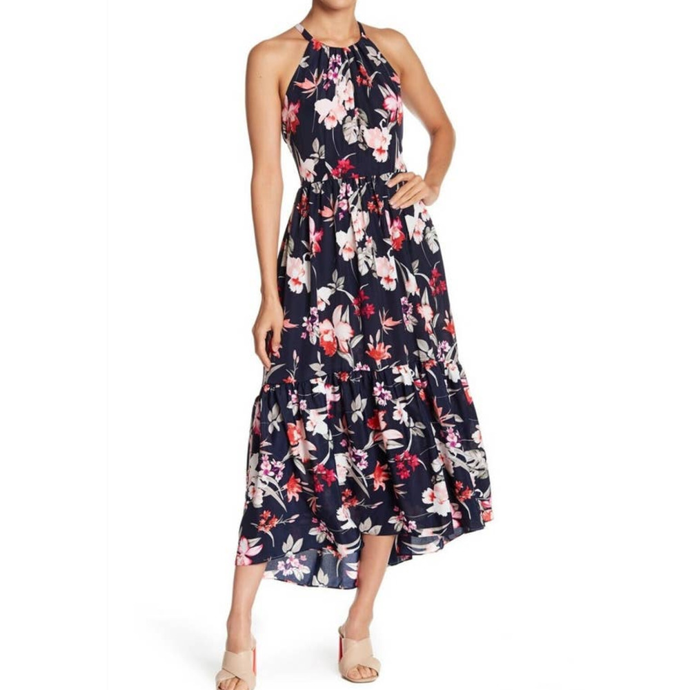 Eliza J Womens Halter Neck Hi Low Floral Maxi Dress Blue size 2